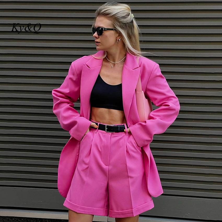 Rose Red Temperament Commuter Long-Sleeved Loose Suit + Pleated Shorts (No Belt) Two-Piece Set Female 2022 Autumn Fashion Suit