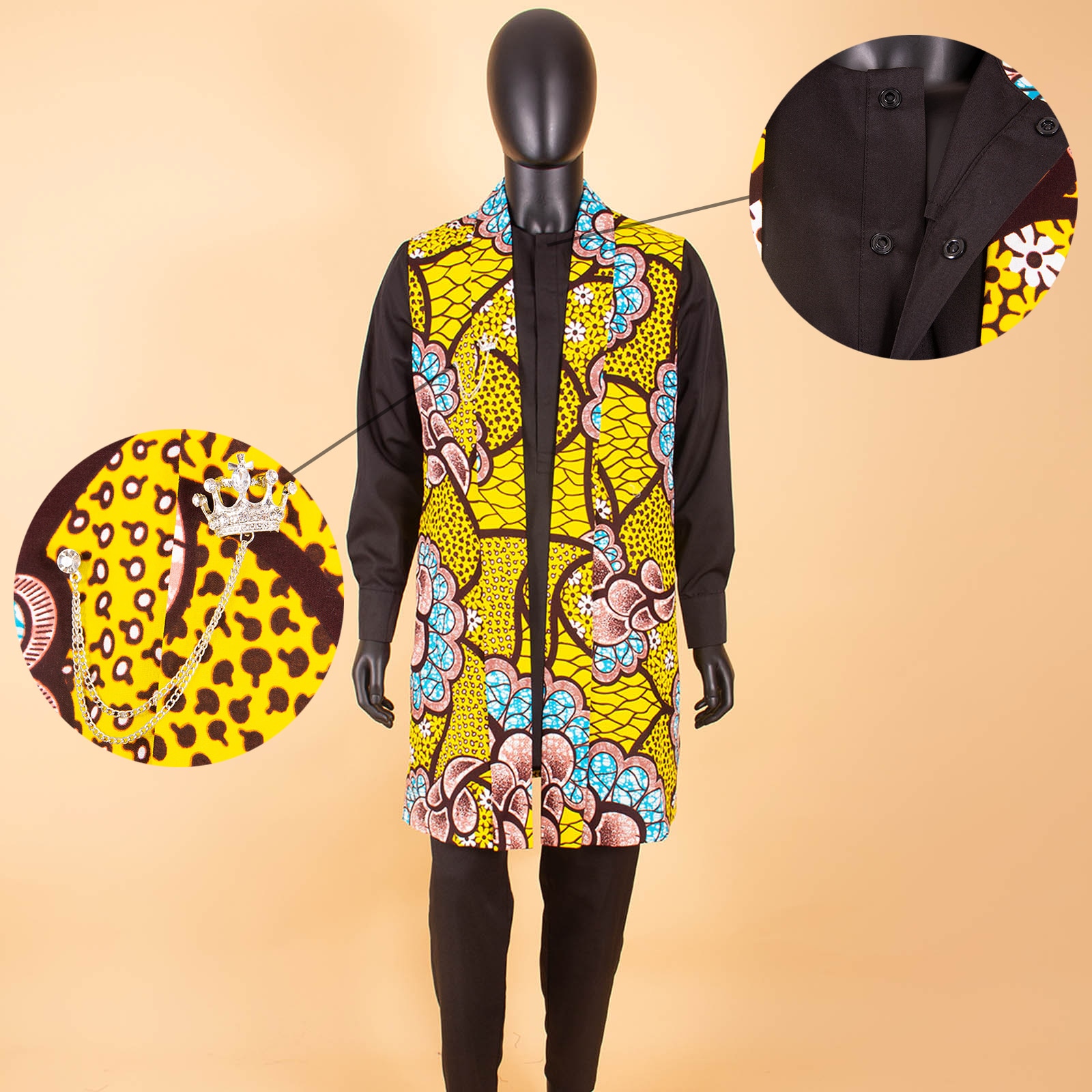 African Couples Outfits  Women Coat Long Jacket Match Men Vest + Top and Pants 3 Pieces Set With Pockets& Breastpin Y22C072