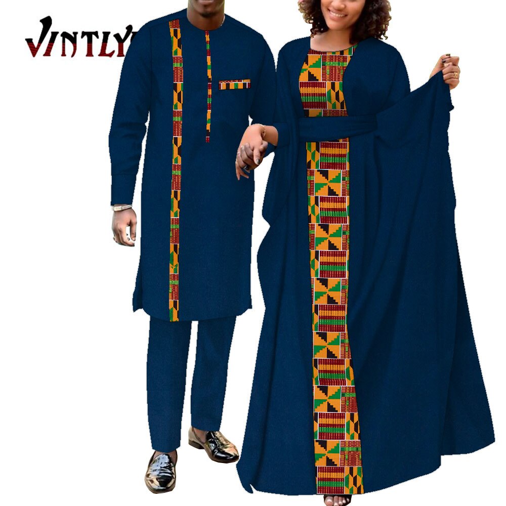 2 Pcs African Dresses for Women and Dashiki Men Suits Floral Print Couple Clothes Lovers Outfit Patchwork Robe Dress Wyq949
