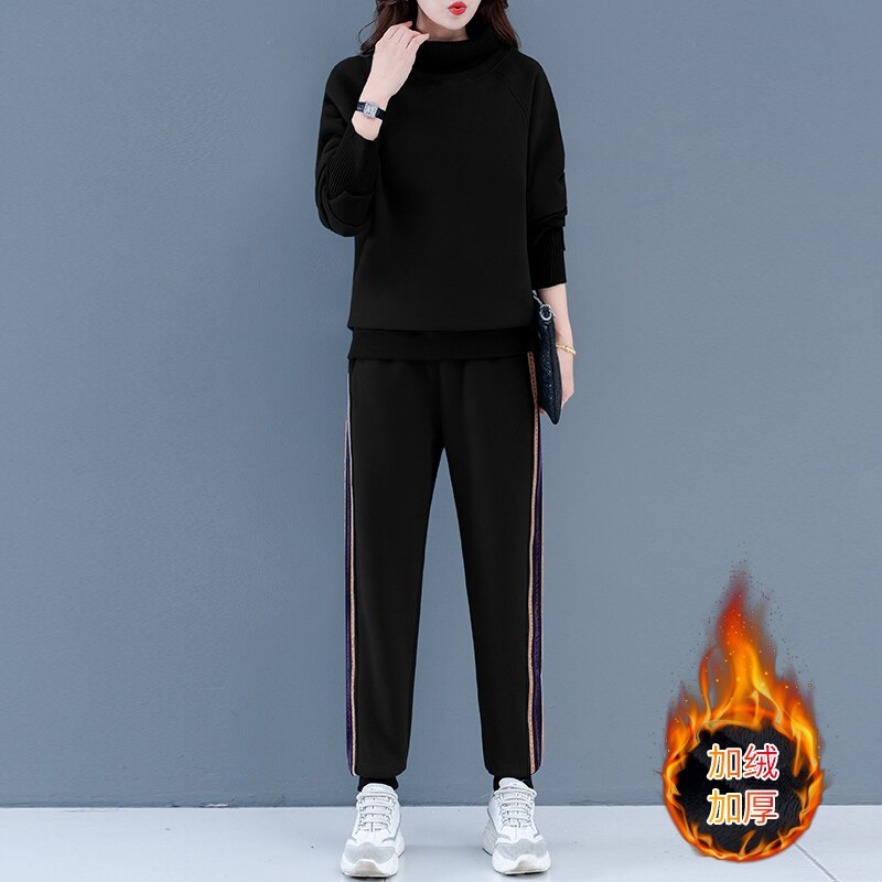 Women 2 Piece Sets Autumn and Winter Solid Sportswear Long Sleeve Turtleneck Sweatshirt +Jogger Pants Casual Female Tracksuits