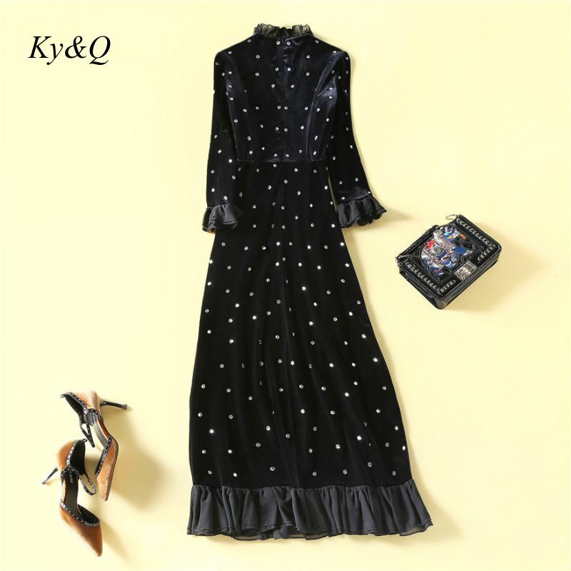 2021 Women Elegant Solid black Shiny Sequin diamond Mesh Patchwork Velvet Party Dress flounces Long Sleeve High Neck Midi Dresse