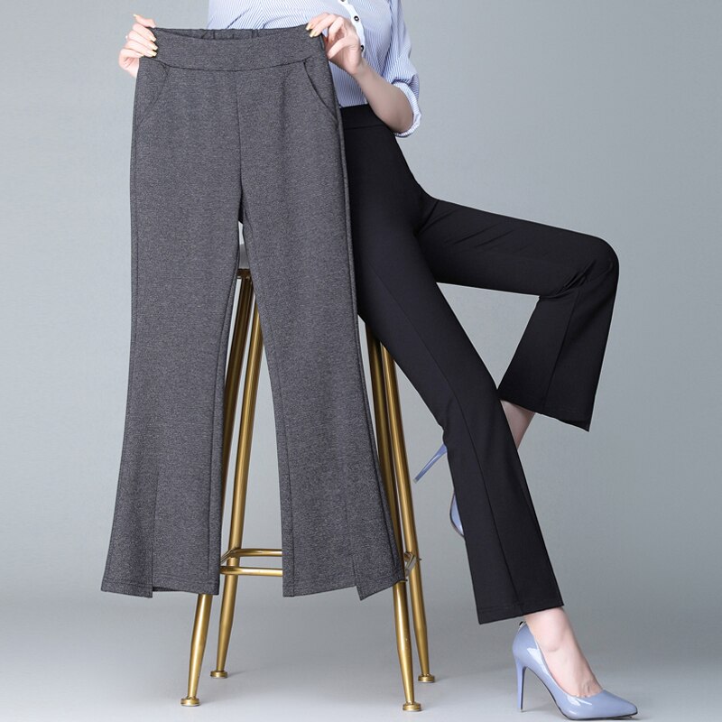 022 black slim stretch flared pants for women in spring and autumn, high waist and slim flared pants, thin split flared pants in