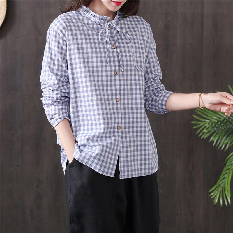 New Arrival 2020 Spring Arts Style Women Long Sleeve Loose Shirts All-matched Casual Cotton Linen Plaid Vintage Blouses S887