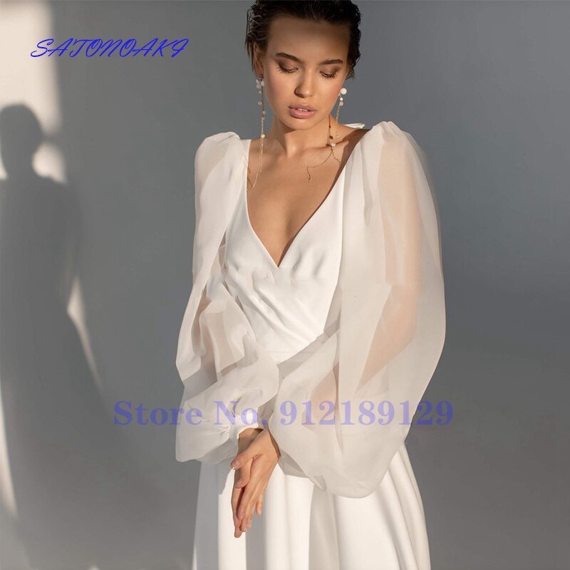 Vestidos De Novia Fashion Short Wedding Dress V Neck Puff Sleeves Simple Backless A Line Bridal Gowns Tea Length Robe De Mariée