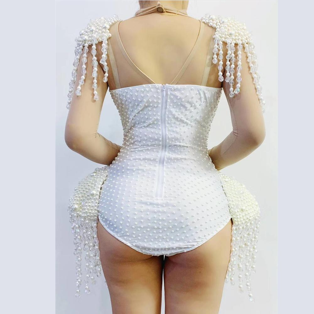 Designer Rivets Pearls Tassel Party Bodysuit Women White Sexy Fringes Dancer Leotard Nightclub Showgirl DJ Singer Stage Costumes