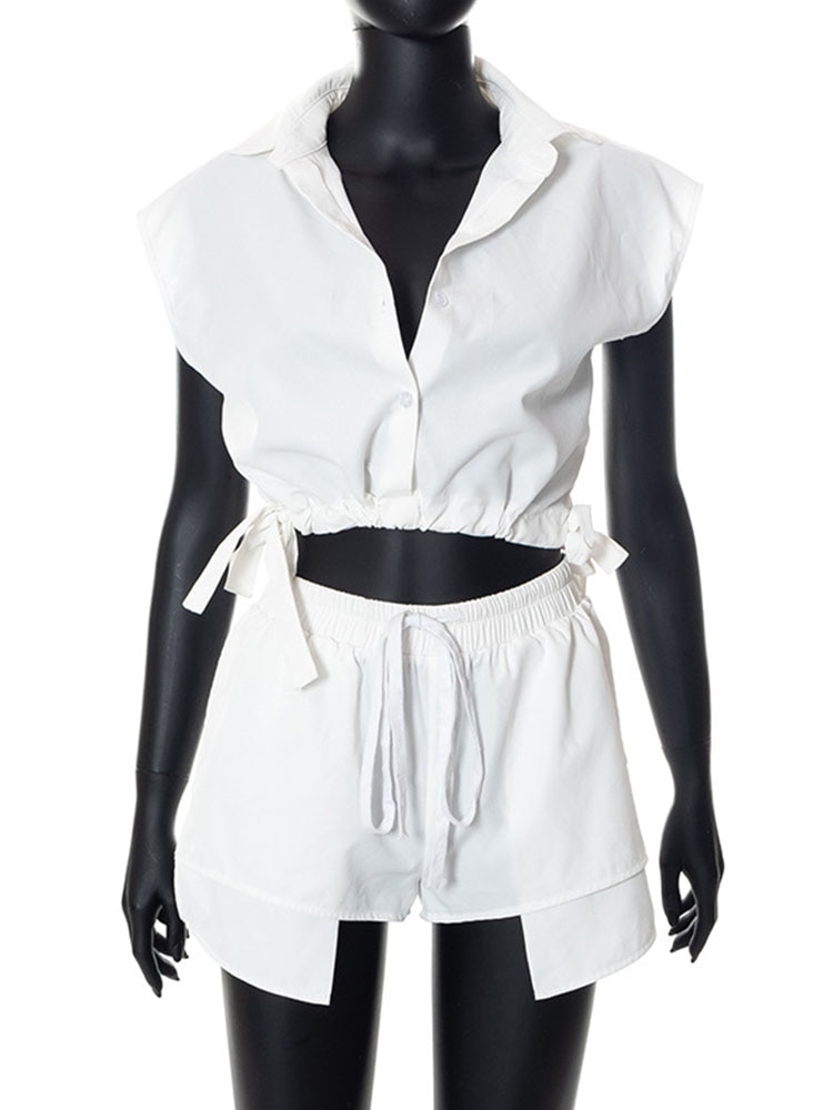 Bandage 2 Piece Sets Women Summer Lapel Sleeveless Buttons Up Loose Tops and Drawstring Pockets Shorts Streetwear Suit