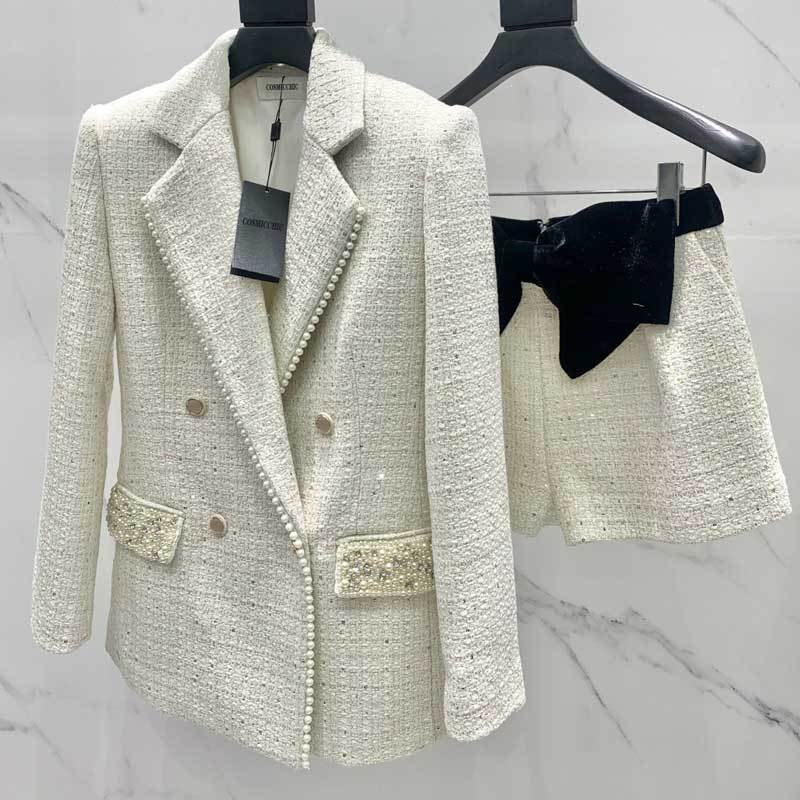 22New Autumn Winter 2piece Sets Fashion Office Sequins Beading Lapel Singel Button Long Sleeve Blazer Coat High Waist Bow Shorts