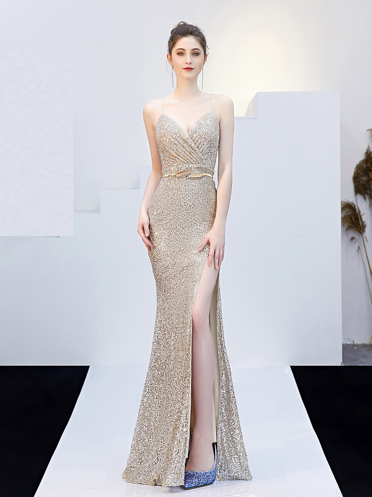 Sexy Evening Dress Backless Party  Spaghetti Straps Stretchy Formal Gowns Long Side Fork Robe De Soriee