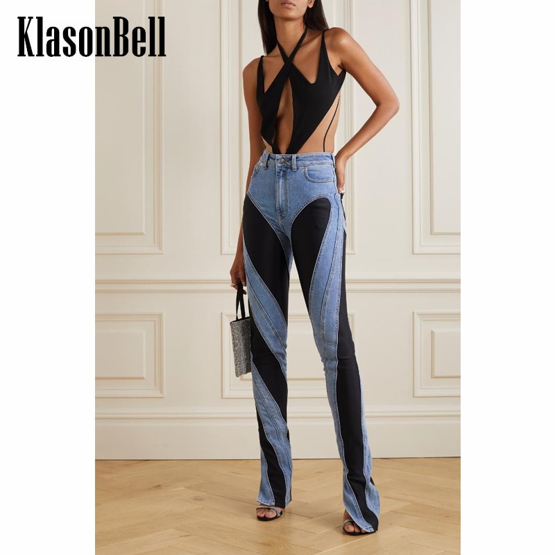 8.25 KlasonBell Fashion Split Hem Patchwork Contrast Color Slim Flared Jeans Women