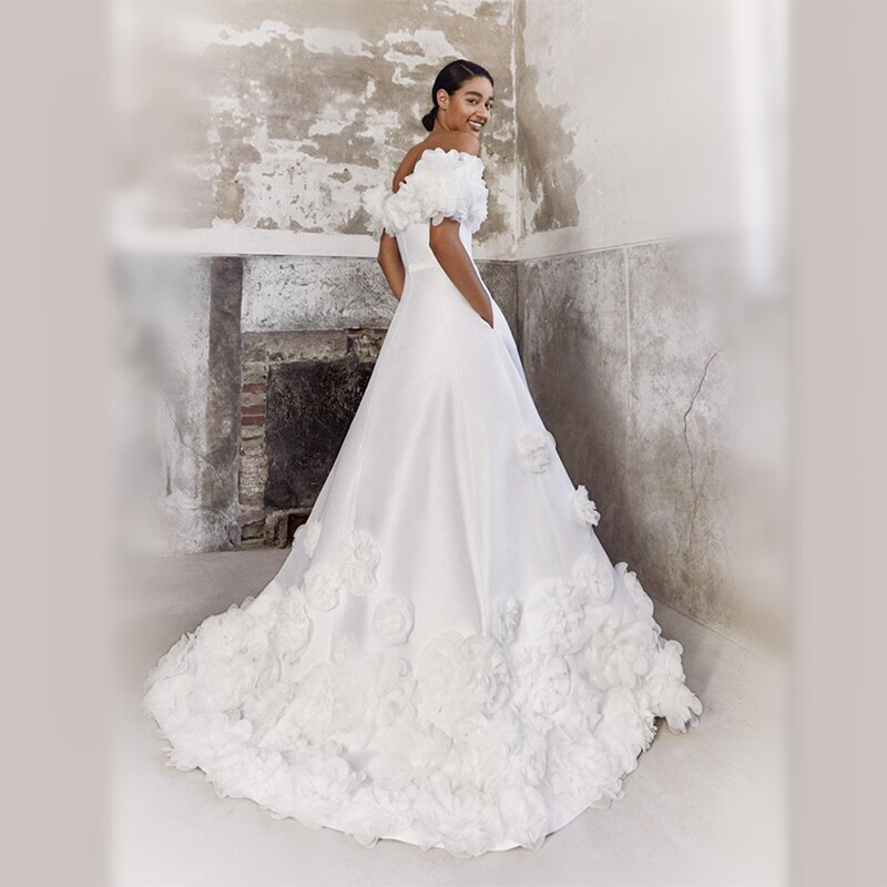 Luxury Wedding Dress Soft Satin Off The Shoulder Exquisite Appliques Sashes A-Line Prom Gown 2022 Vestido De Novia Women