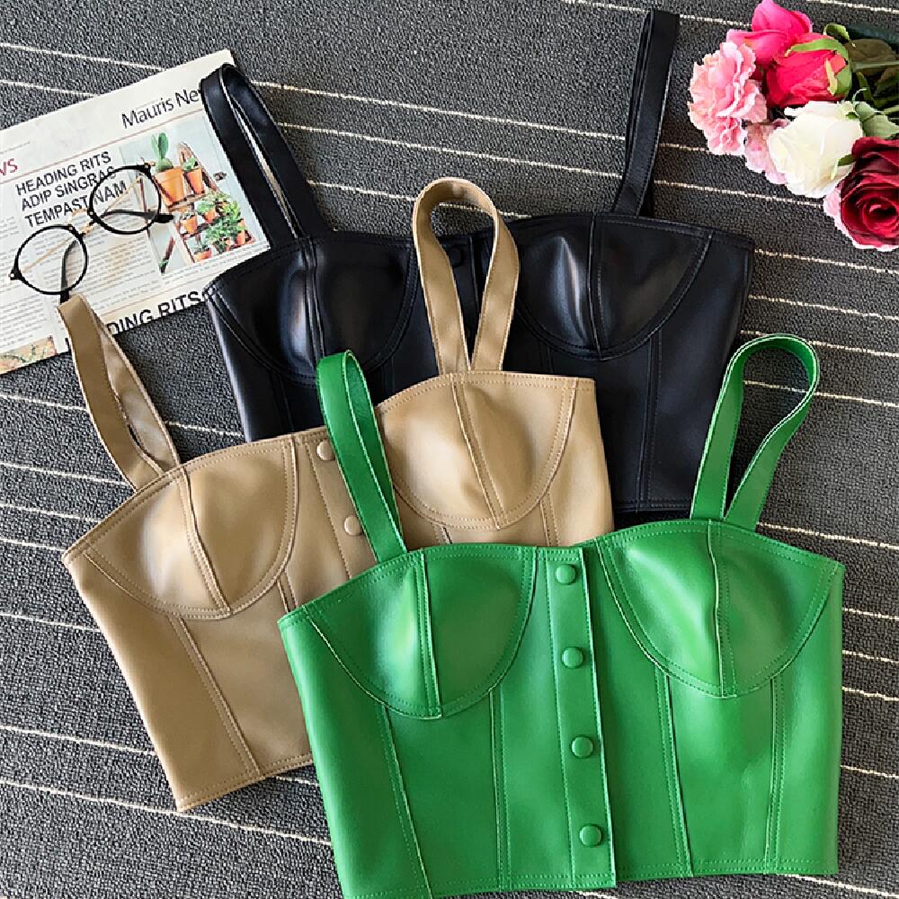 Europe Style All Season Chic Women's High Quality Genuine Leather Camisole Tank-top C585