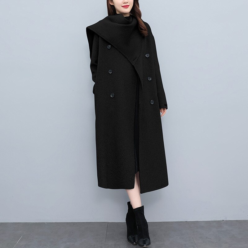Korean High-End Scarf Collar Coat Double Breasted Sashes Woolen Long Temperament Women Autumn Winter Windbreaker Jacket T1078