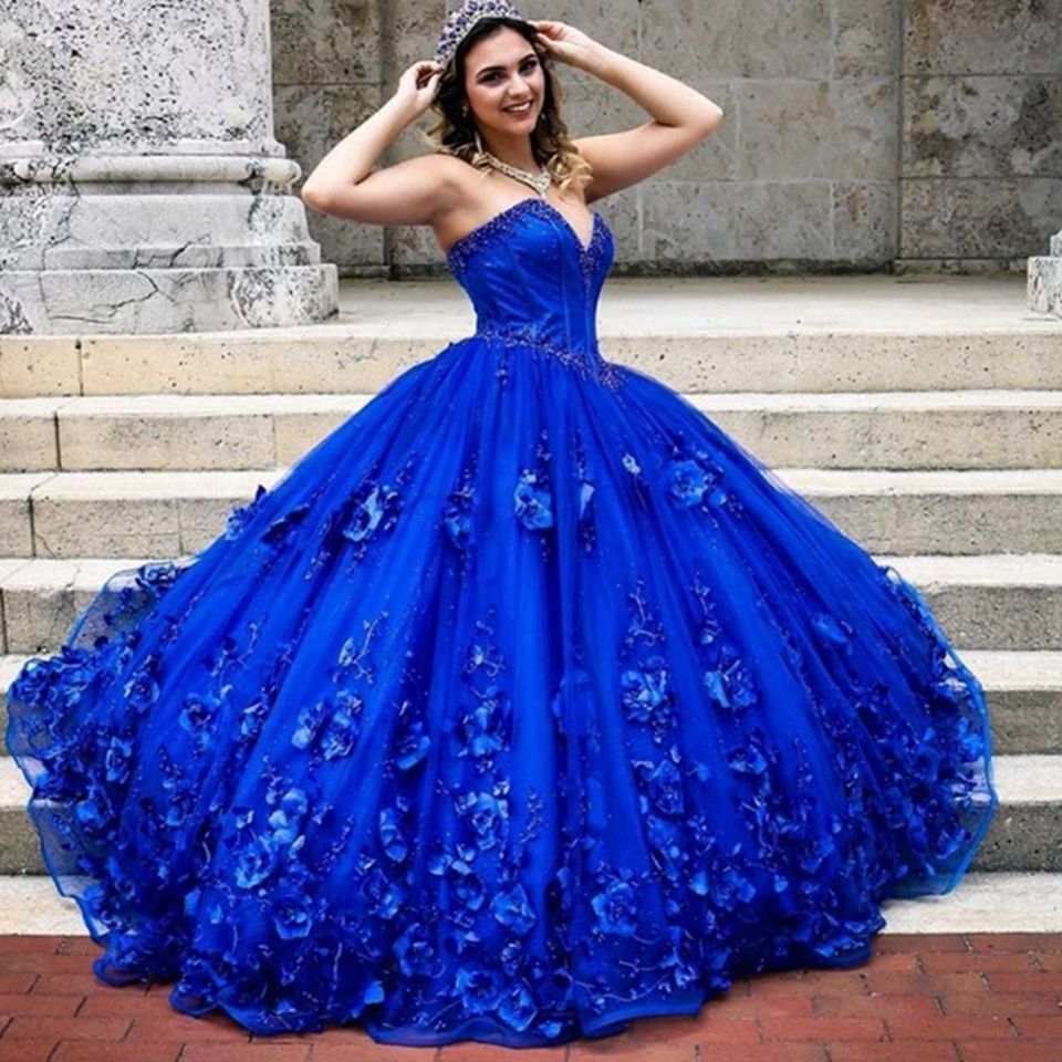Elegant Royal Blue Quinceanera Dresses 2022 Ball Gown Strapless 3D Flowers Appliques Shiny Beaded Princess Vestidos De 15 Años