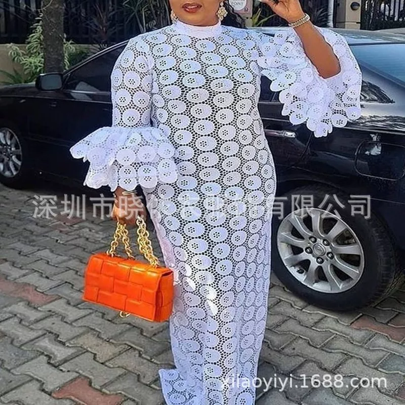 New Long Skirt Lace White Fragrance High Waist Stitching Long Skirt Hollow Irregular Dress African Women's Clothing