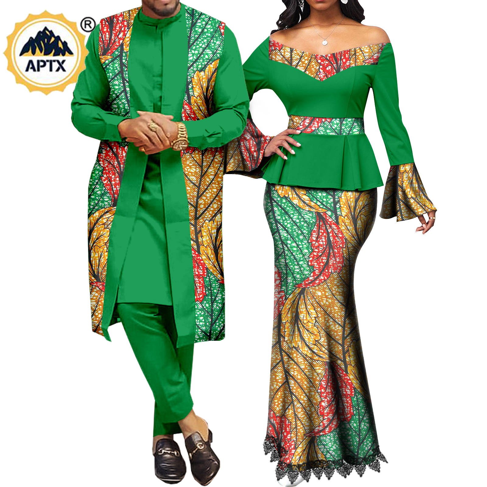 African Couple Clothes Women Print  V-neck Top and Lace Skirts Match Men Outfits Dashiki Long Vest Shirt and Pants Sets Y22C041
