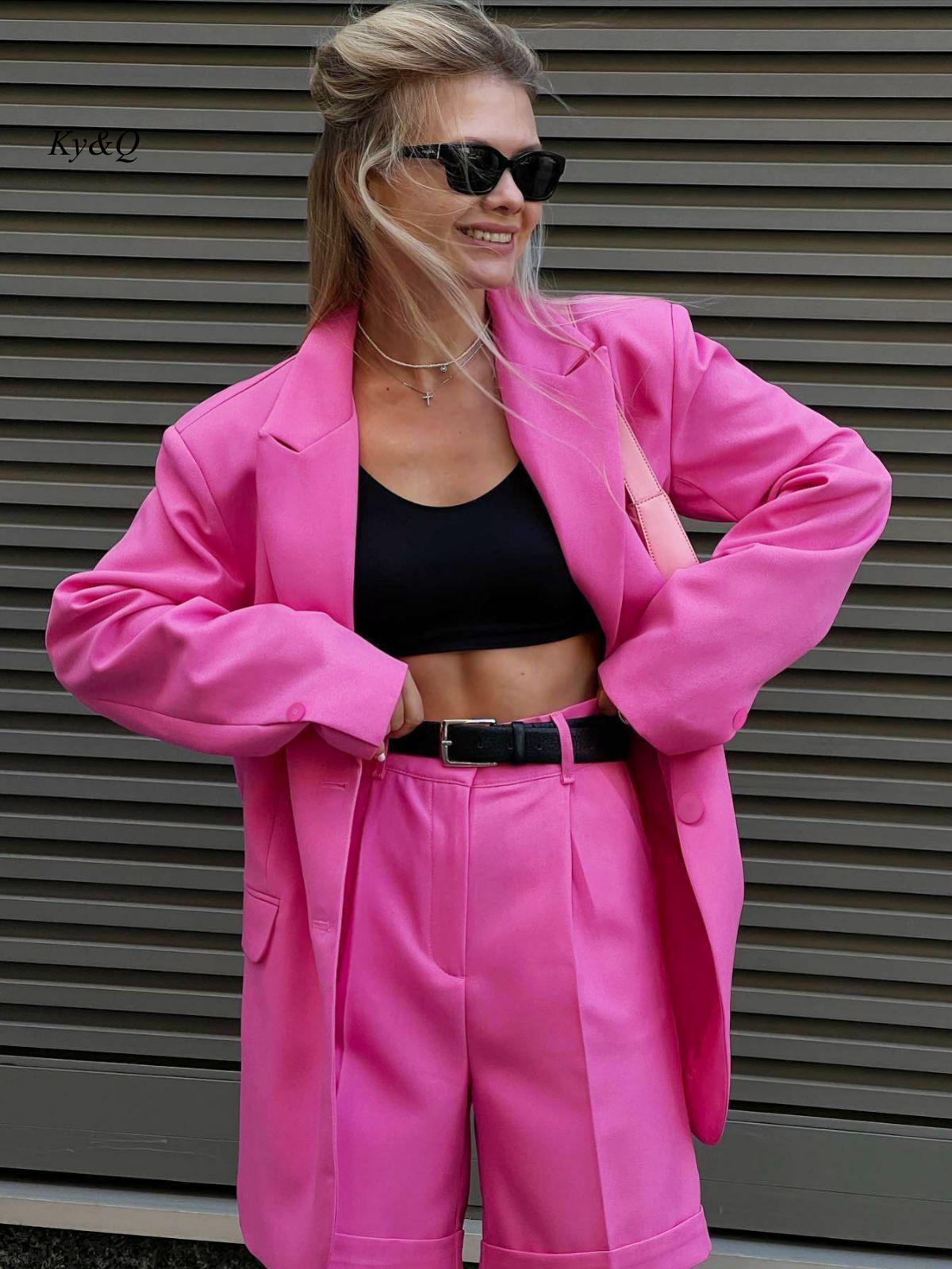 Rose Red Temperament Commuter Long-Sleeved Loose Suit + Pleated Shorts (No Belt) Two-Piece Set Female 2022 Autumn Fashion Suit