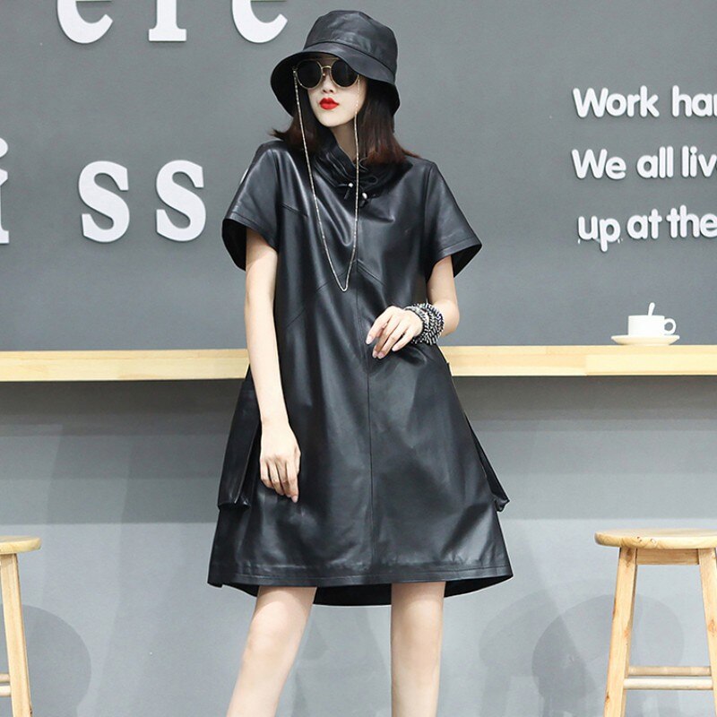 High Street Harajuku Women Loose Fit Mid Dress Short Sleeve Turtleneck Genuine Leather Dress Pockets Belted Oversized Dresses