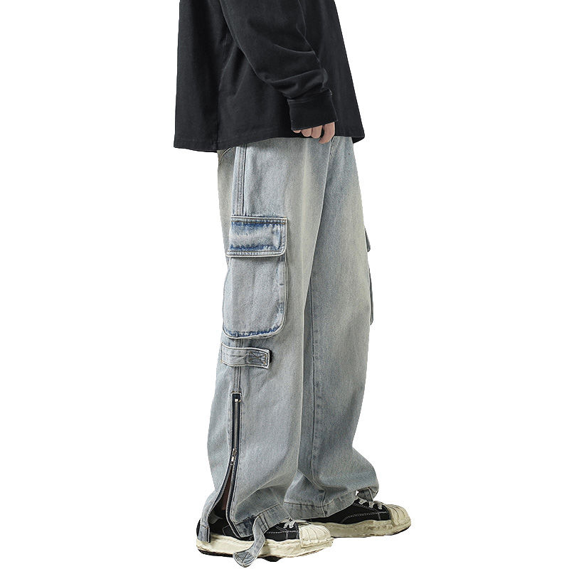 American retro jeans men and women zipper trousers large pockets high street overalls loose trousers comfortable wide leg pants