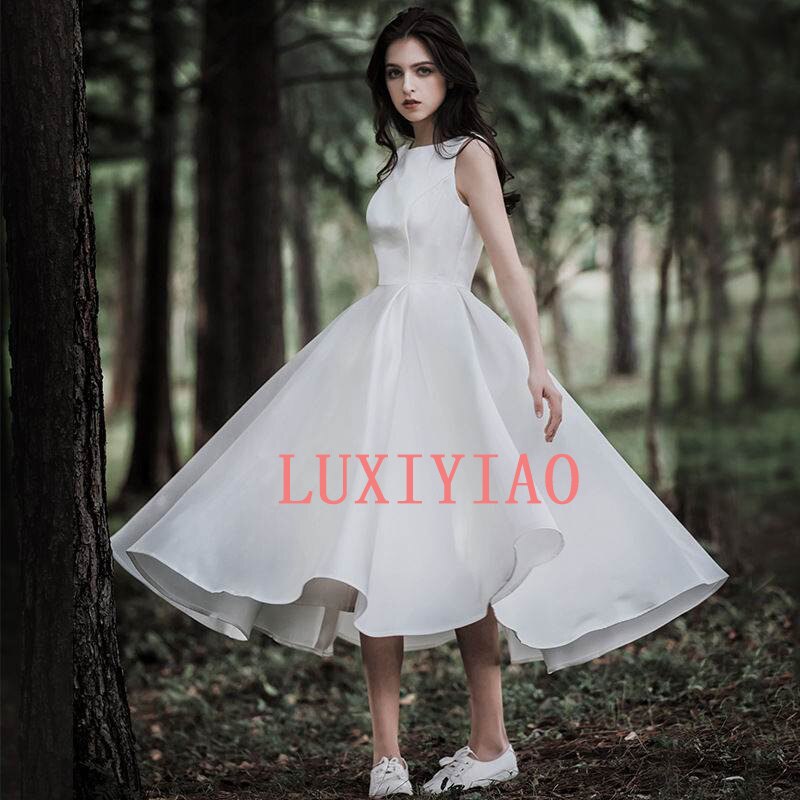 2022 Women White Satin Evening Dresses O-Neck Sleeveless Bridal Wedding Party Dress Graduation Gowns Sweet Memory Vintage Gown