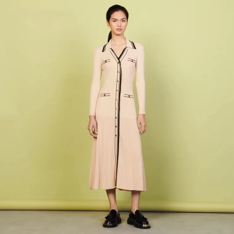 2022 France High-Quality Knitting Stripes Contrast V Neck Long Sleeve A-Line Dress Women Elegant Single-breasted Slim Long Dress