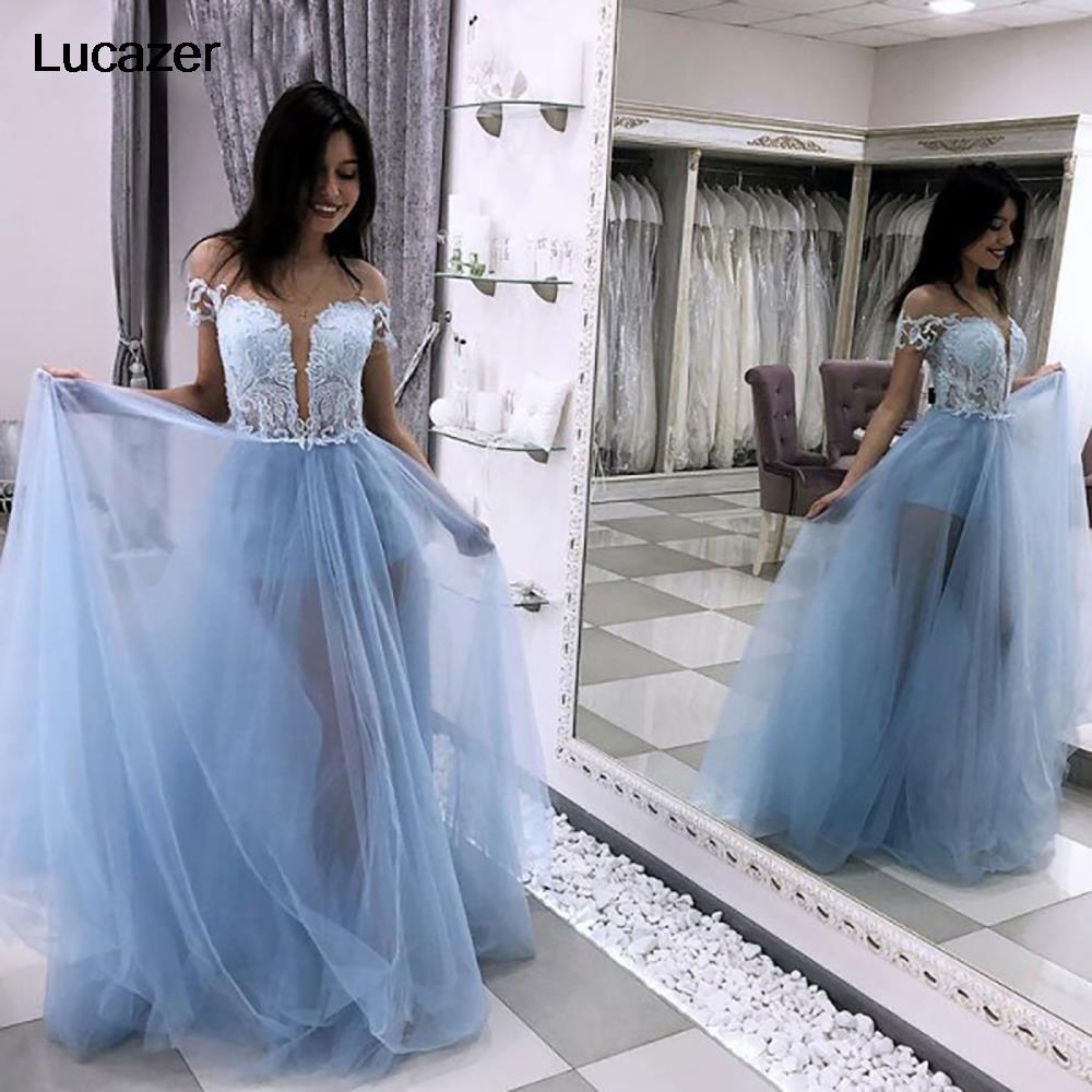 Light Blue Tulle Party Prom Dresses Customized Beautiful A-Line Illusion Neckline with Lace Bodice Long Prom Evening Dress