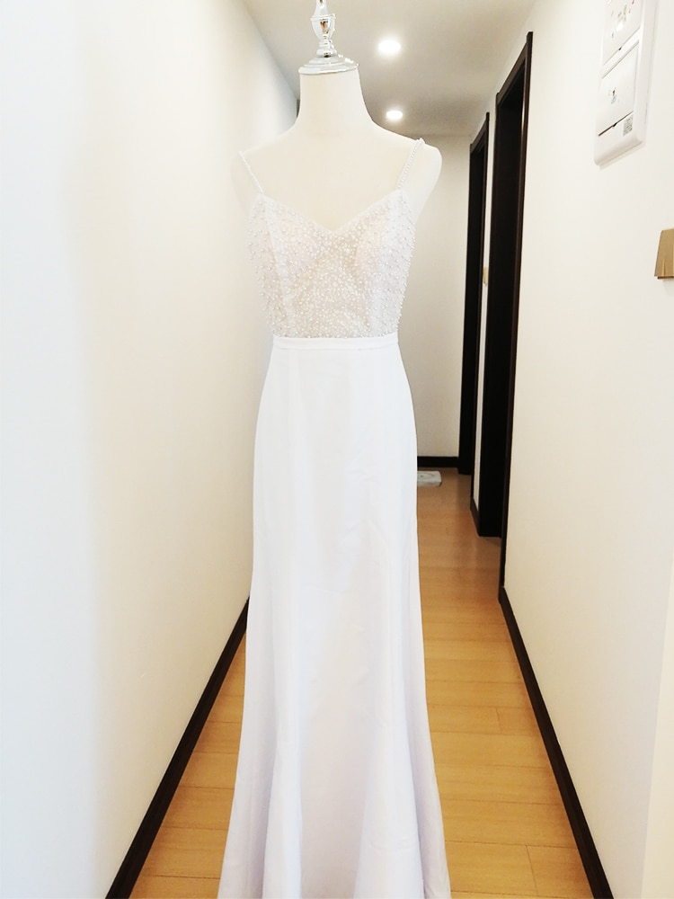 Beded Pearl Sheath Mermaid Wedding Dresses Spaghetti Straps Sweatheart Satin Bridal Gowns  Custom Made Robe De Mariee Customize