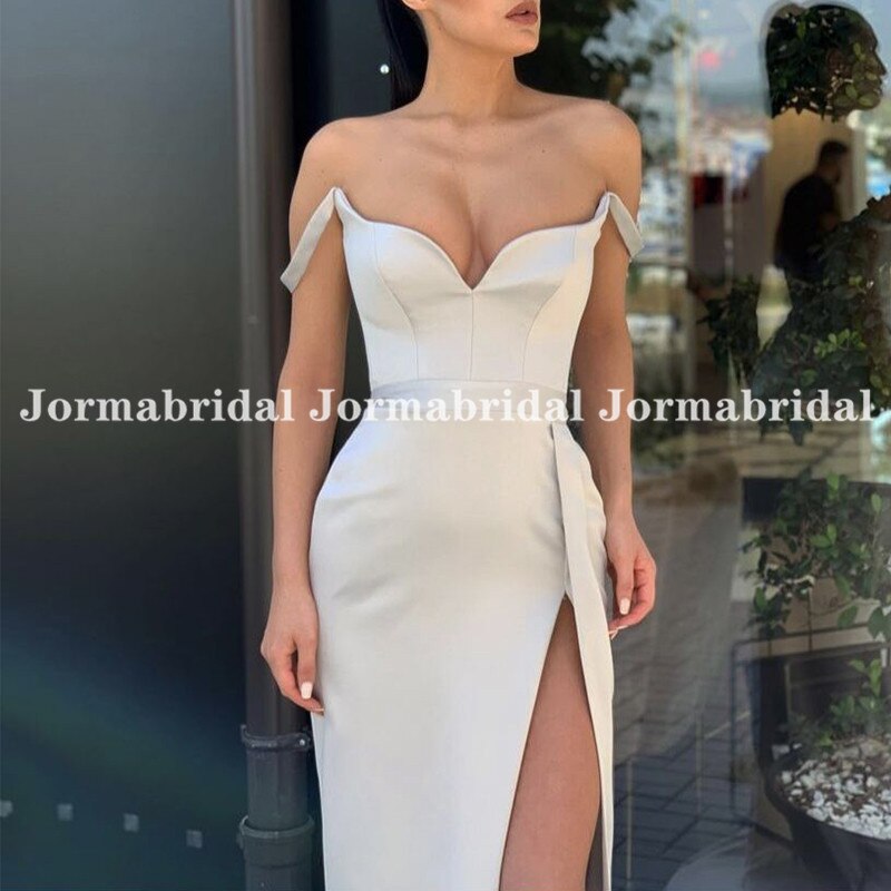 Champagne Satin Evening Dresses Sexy V-Neck Off The Shoulder Spaghetti Straps High Split Belt Long Sheath Formal Party Gowns