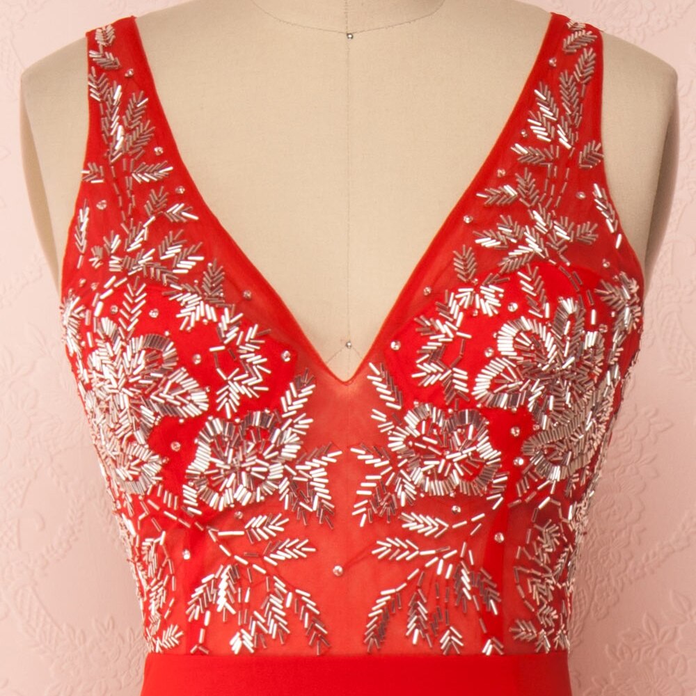 ENOCH Stunning V-Neck A-Line Evening Dresses Sleeveless Backless Red Appliques Formal Gowns Chiffon Side Split Vestido De Noche