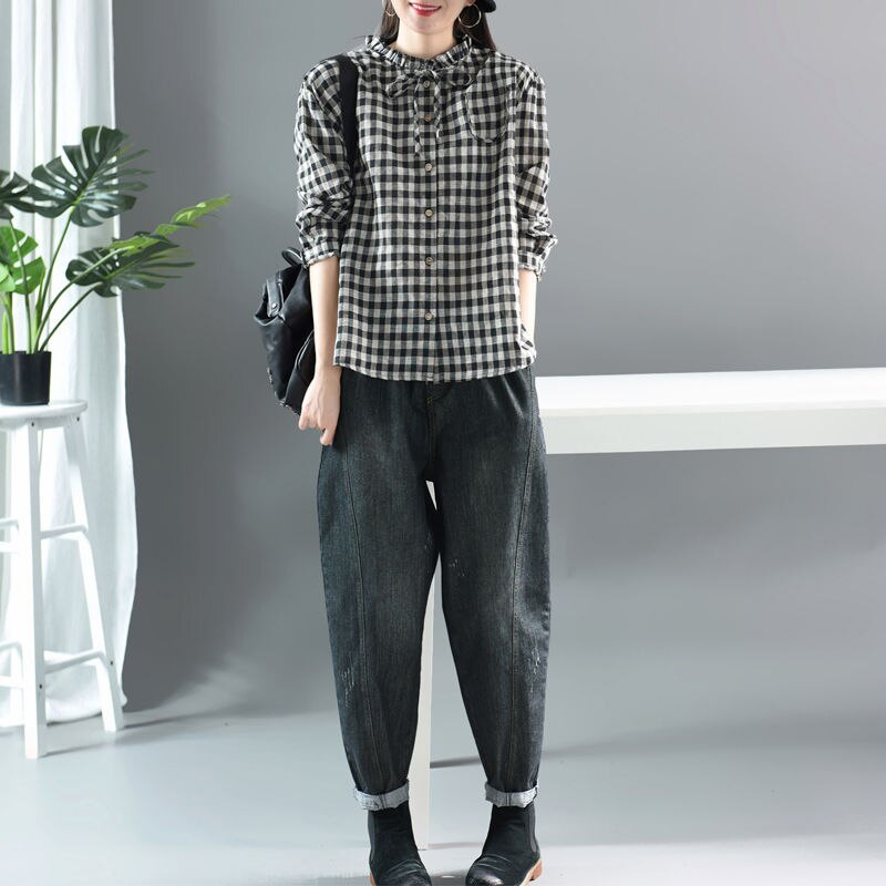 New Arrival 2020 Spring Arts Style Women Long Sleeve Loose Shirts All-matched Casual Cotton Linen Plaid Vintage Blouses S887