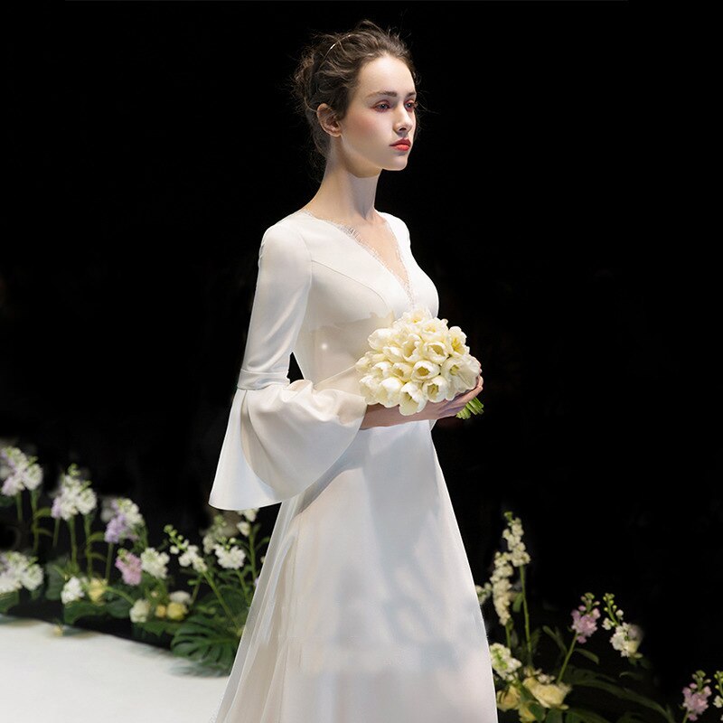 Summer Women’S Ivory Wedding/Party Dress-2022 New Style Temperament Garden Girl Bride Satin-Trumpet Sleeves Skirt