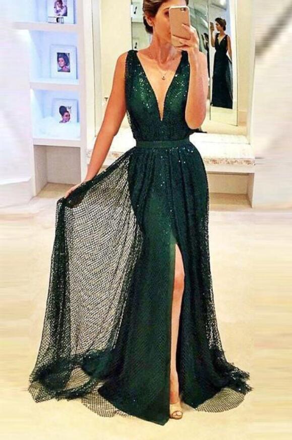 Deep Green Party Dress Sparkle Fabric A-line Prom Dresses with Slit