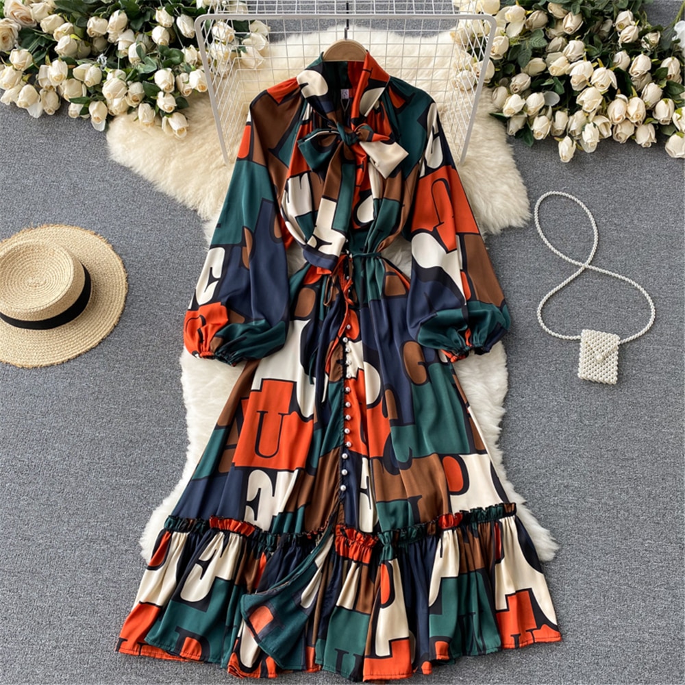 Boho Indie Folk Women Printed Loose Dress Autumn Fashion Bandage Long Sleeve Pleated Dresses Vintage Vestidos Female Clothing
