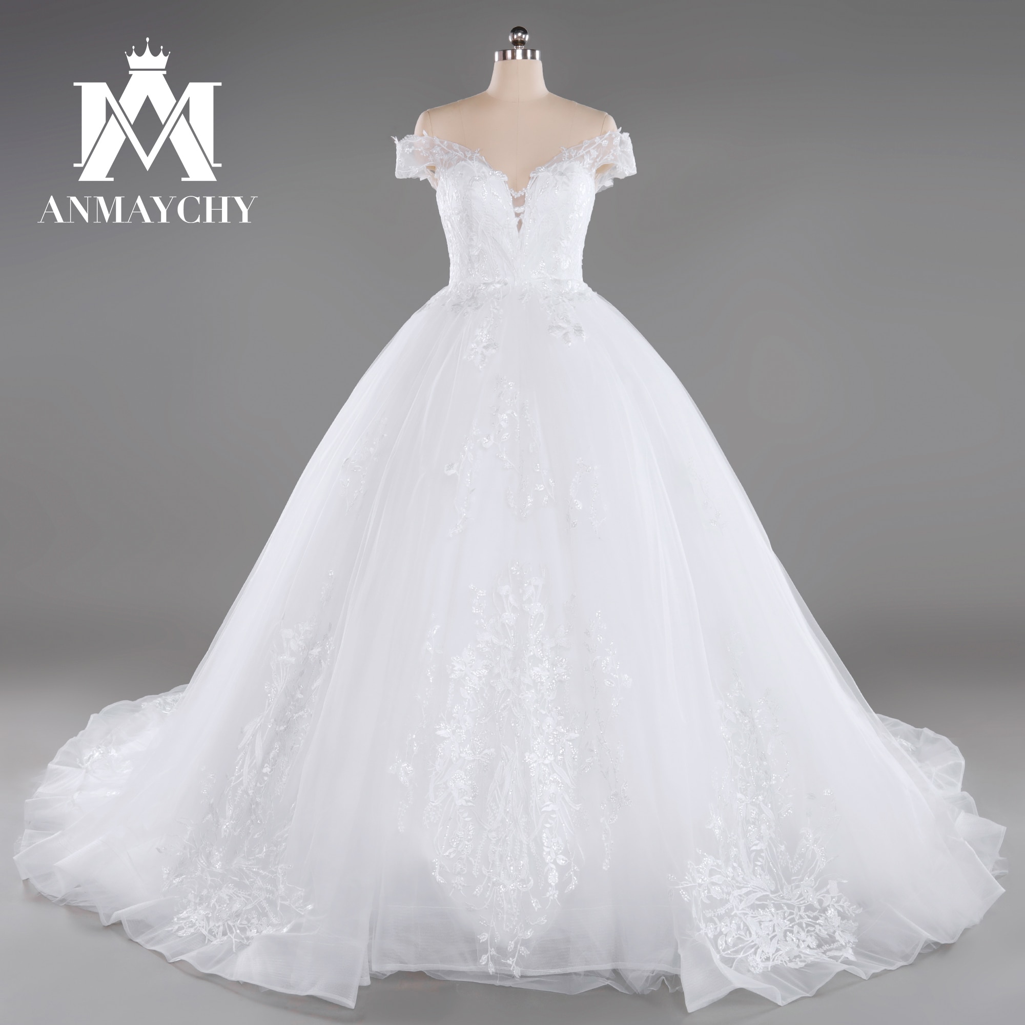 ANMAYCHY A-Line Wedding Dress For Women 2022 Bride Sweetheart Off The Shoulder Backless Appliques Wedding Gown Vestidos De Novia