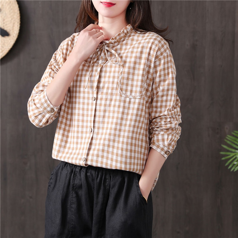 New Arrival 2020 Spring Arts Style Women Long Sleeve Loose Shirts All-matched Casual Cotton Linen Plaid Vintage Blouses S887