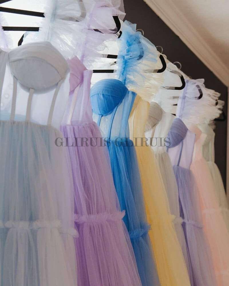 Simple Pink Short Prom Dresses Spaghetti Straps Tiered Tulle Tea-Length Wedding Party Dress Evening Wear Robes