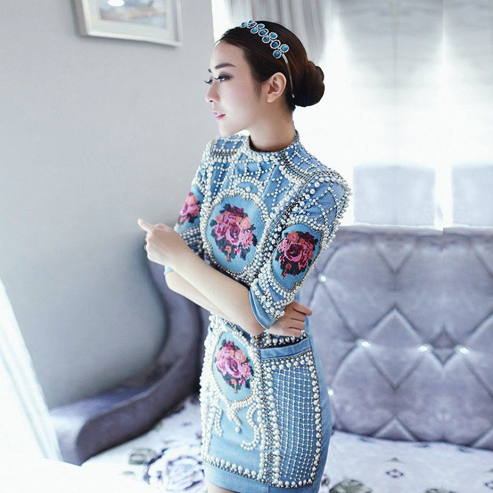 Party Banquet Dress Ladies Elegant Vintage Short Dress Fashion Slim Fit Half Sleeve Pearl Beads Luxury Women Designer Dresses