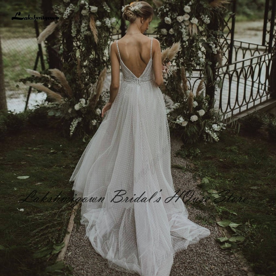 Lakshmigown Sexy Beach Wedding Dress Spaghett Straps 2022 Robe Mariee Vintage Lace Boheme Wedding Dresses Backless Pearls Beaded