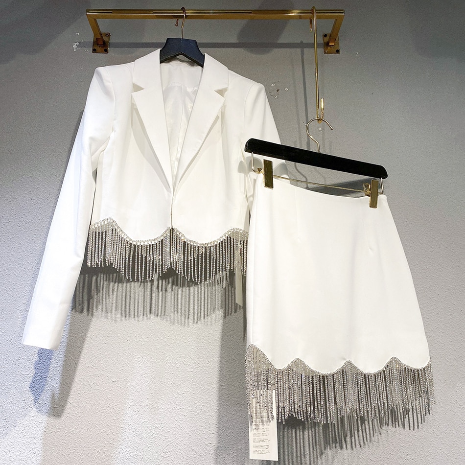 High-Quality Women'S Short Suit Jacket + Mini Skirt 2 Two-Piece Set Sexy Rhinestone Tassel High Waist Slim Set 2022 Autumn