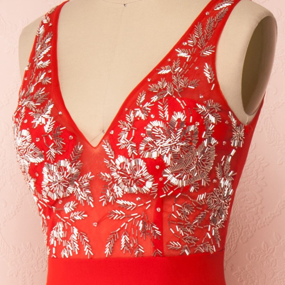 ENOCH Stunning V-Neck A-Line Evening Dresses Sleeveless Backless Red Appliques Formal Gowns Chiffon Side Split Vestido De Noche