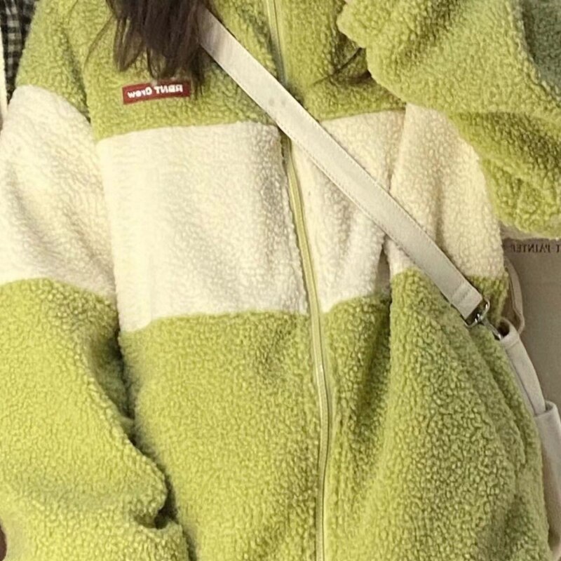 Deeptown Women Zip Up Jackets Lambs Wool Kawaii Harajuku Jacket Green Thick Fleece Fuzzy Coats Loose Chic Spliced Korean Fashion