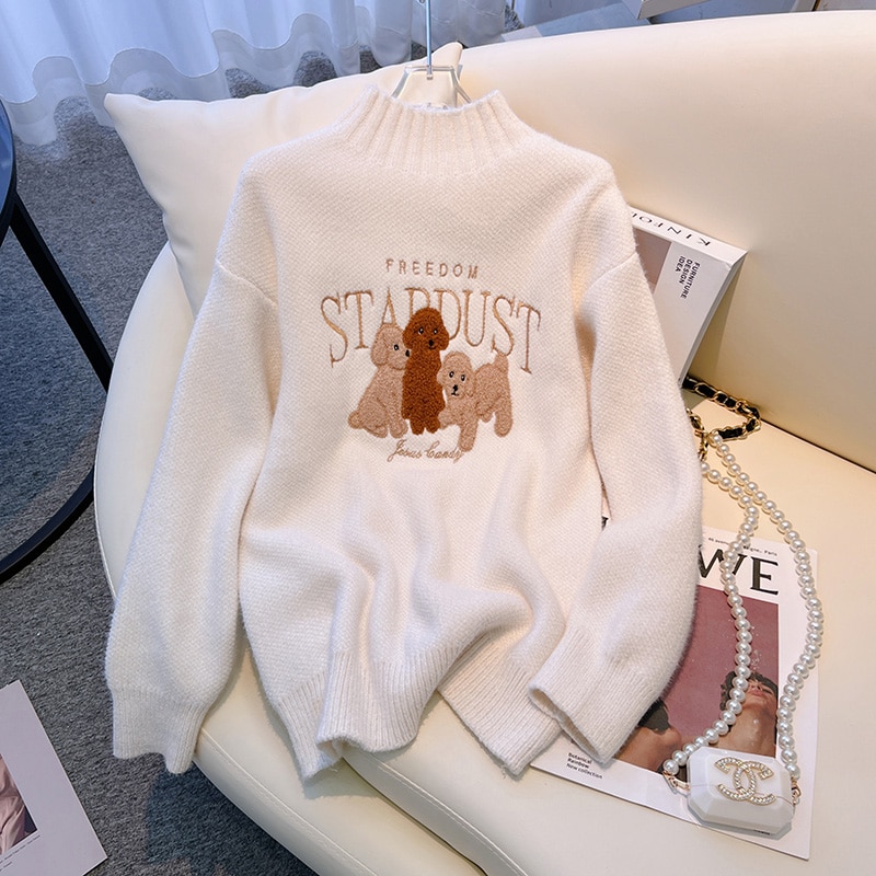 2023 New Women's Sweater Pullover Autumn Winter Cartoon Embroidered Long Sleeve Loose Tops Casual Fashion Ladies Jumper Knitwear