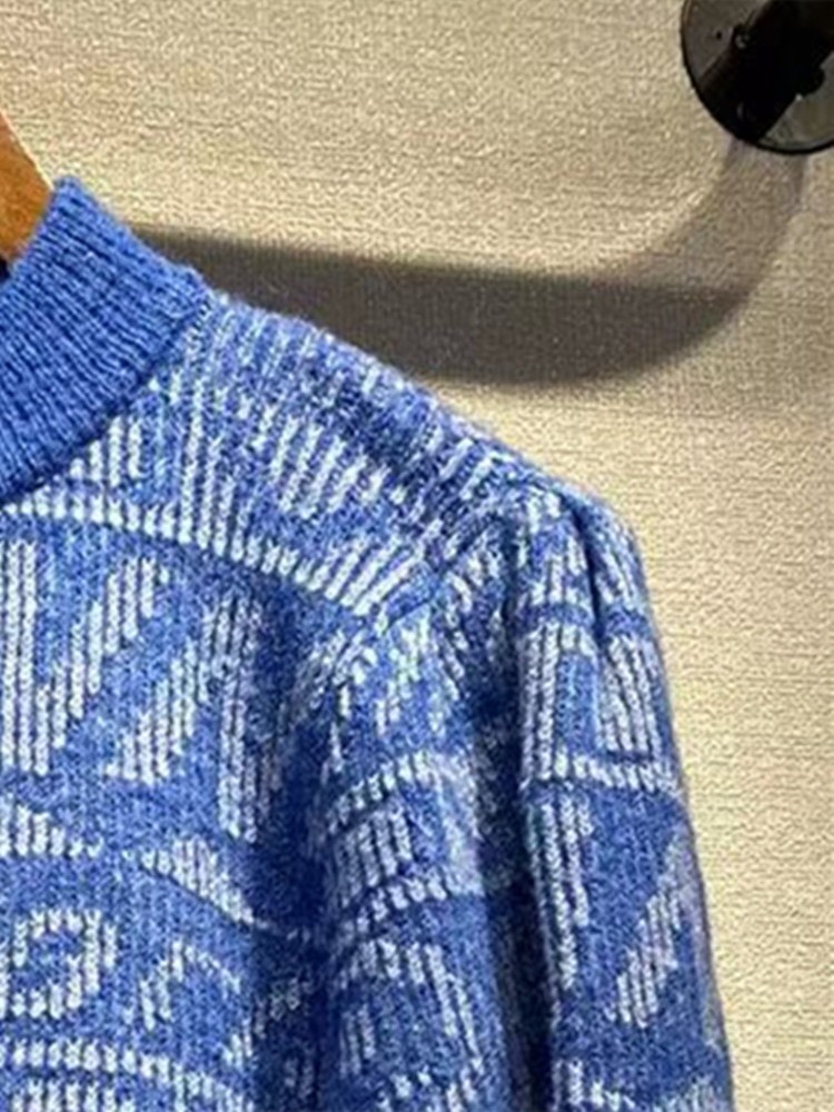 Letter Jacquard Women Blue Pullover Tops Long Sleeve Fashion Warm Shoulder with Buttons Ladies O-Neck Knit Sweater