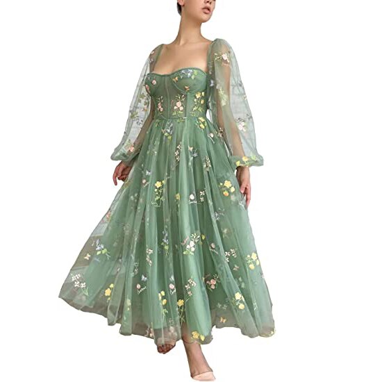 Flower Women Prom Party Dress Long Sleeve Evening Dresses Gown Green Sweet Square Collar Lace Robe De Soiree