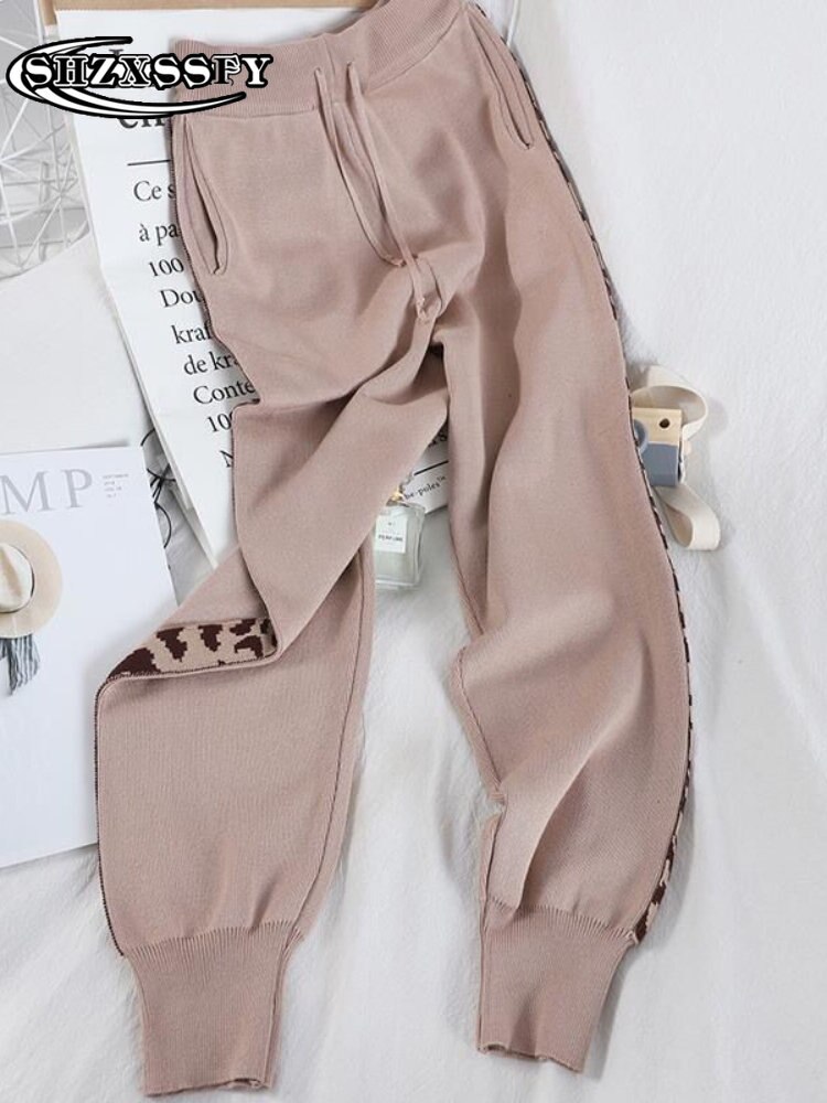 Women's Warm Suit Leopard Zipper Knitting Sweater Two Piece Set Women Top and Pants Casual Loose Autumn Winter Women's Warm Suit