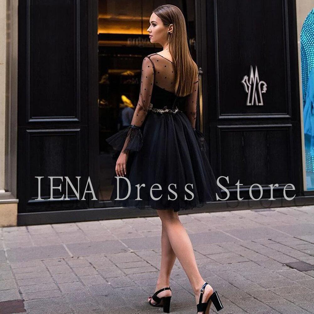 14304#IENA Vintage Black Dot Tulle Prom Dresses Short Knee Length Illusion Long Sleeve O-Neck Fairt Party Dress Formal Plus Size