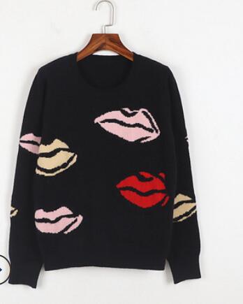 Vintage Sweaters Women 2021 Autumn Winter Lips Pattern Casual Long Sleeve Streetwear Knitted Pullovers Jumper Tops Clothing p396
