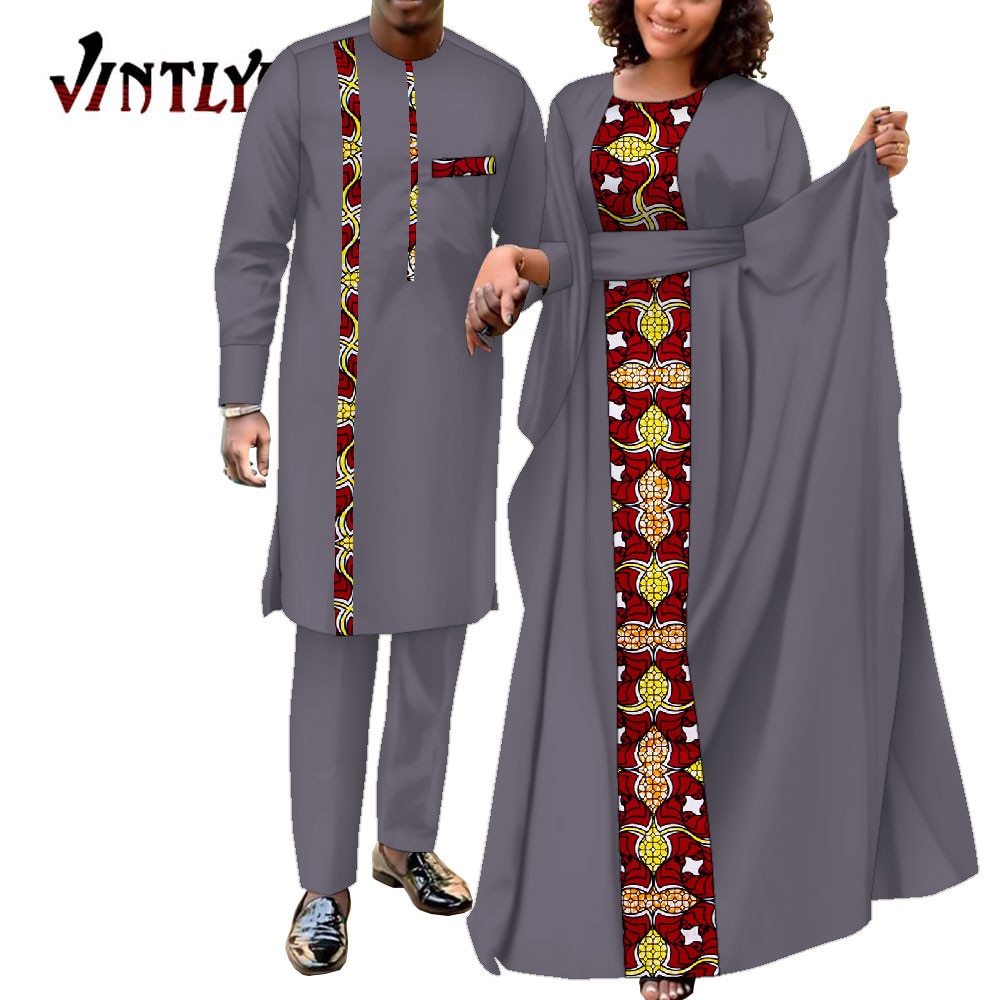 2 Pcs African Dresses for Women and Dashiki Men Suits Floral Print Couple Clothes Lovers Outfit Patchwork Robe Dress Wyq949