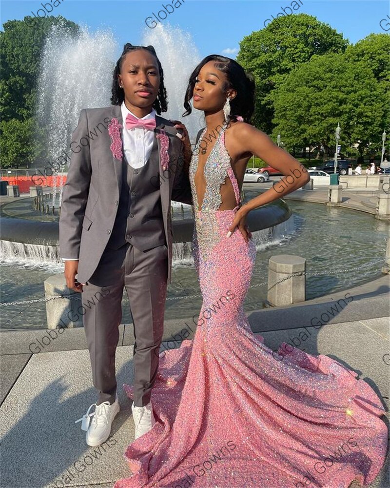 Pink Halter Evening Dress Beaded Crystal Birthday Party Gowns Sparkly Sequined Long Prom Dresses Mermaid Robe De Bal