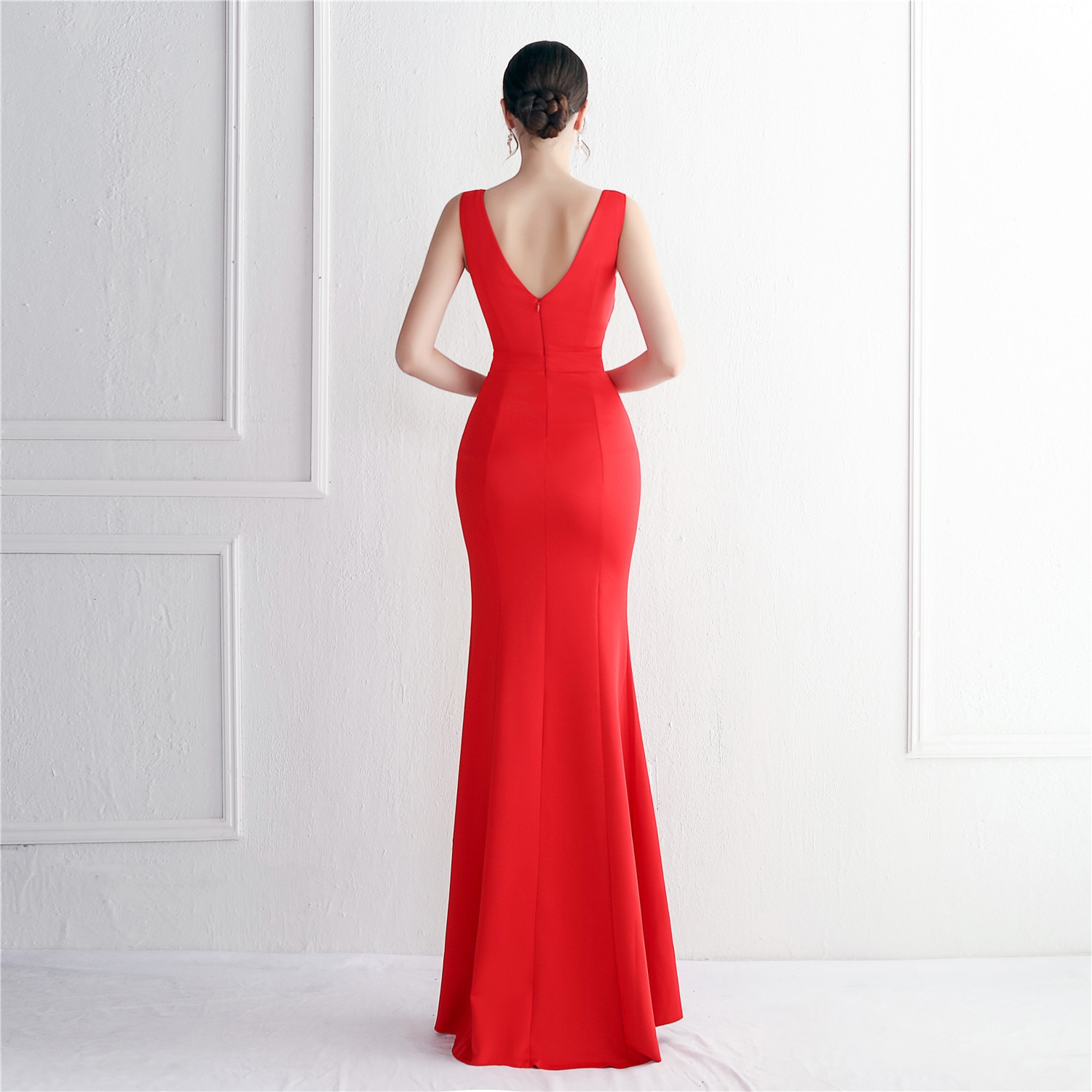 ED19389 Red Satin Long Mermaid Cocktail Dresses Sexy Deep V-Neck Prom Party Dress High Slit Evening Dress Simple Women Dress