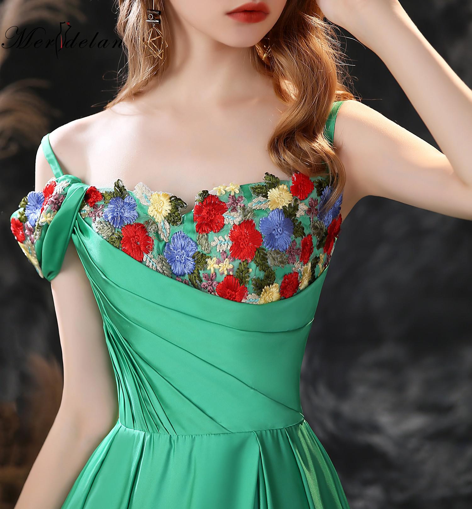PAFFAS Green Simple spaghetti straps Satin Flowers Prom Dress High Side Split Celebrity Formal Prom Gowns Sweep Train Vestido